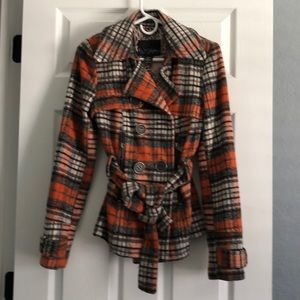 Daytrip orange/brown plaid pea coat